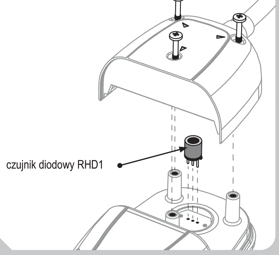 Widok rozstrzelony: pokrywa czujnika z trzema wkrętami, czujnik diodowy RHD1 i gniazdo w tylnej części obudowy DR58