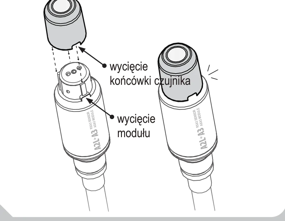 Końcówka czujnika RXA3 nad modułem: wycięcie końcówki trafia w wycięcie modułu, obok czujnik wciśnięty do końca