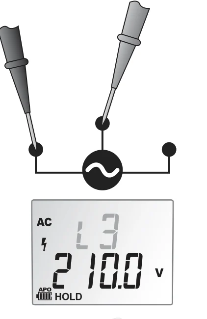 Krok 2 testu faz: dwa przewody na dwóch liniach, wyświetlacz L3 i 210.0 V HOLD