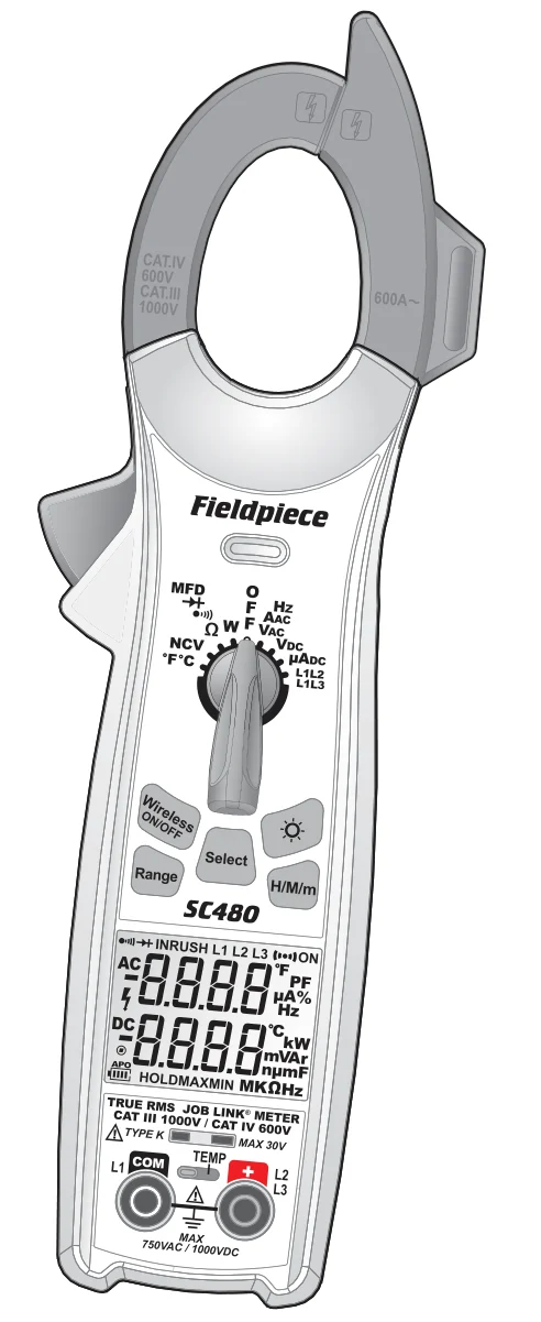Miernik cęgowy SC480 od przodu: cęgi z diodą LED, pokrętło funkcji, przyciski Wireless ON/OFF, Select, podświetlenia, Range i H/M/m, podwójny wyświetlacz, przełącznik TEMP, gniazda COM i +