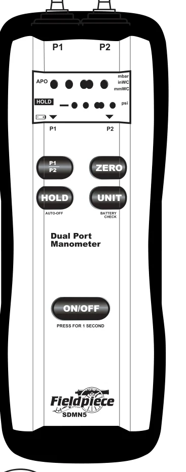 Manometr SDMN5 od przodu: porty P1 i P2, wyświetlacz, przyciski P1/P2, ZERO, HOLD, UNIT i ON/OFF