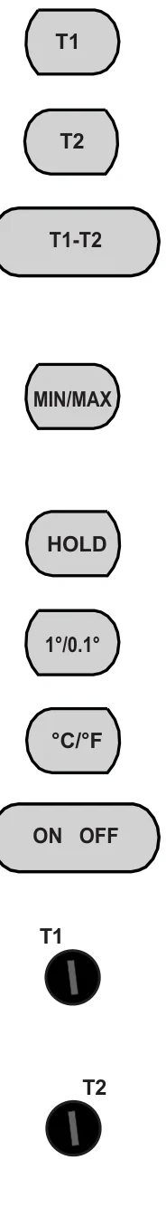 Kolumna przycisków ST4: T1, T2, T1-T2, MIN/MAX, HOLD, 1°/0.1°, °C/°F, ON OFF oraz potencjometry T1 i T2