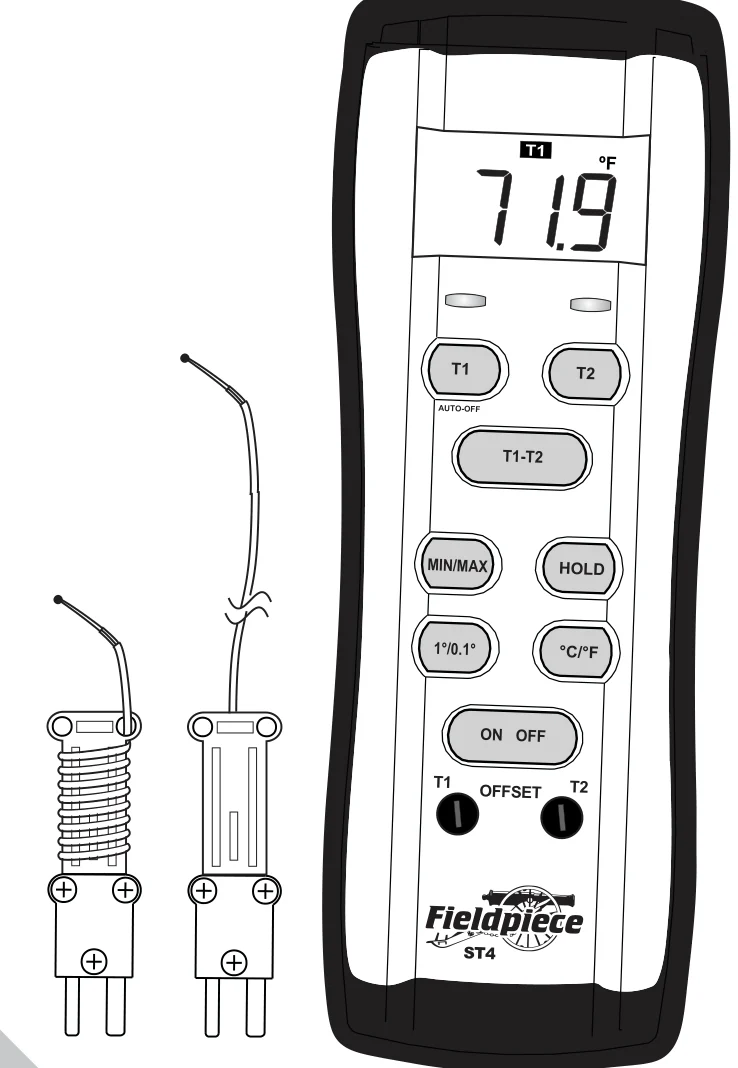 Miernik ST4 z dwiema termoparami typu K: wyświetlacz, przyciski T1, T2, T1-T2, MIN/MAX, HOLD, 1°/0.1°, °C/°F, ON OFF, potencjometry OFFSET T1 i T2