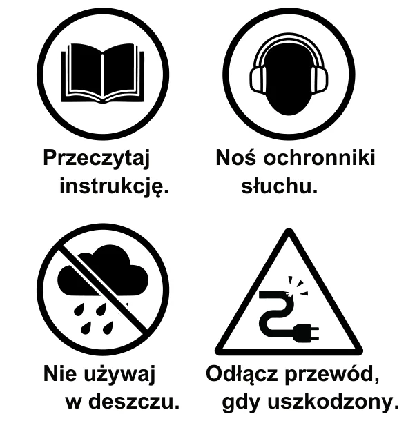 Cztery piktogramy bezpieczeństwa: przeczytaj instrukcję, noś ochronniki słuchu, nie używaj w deszczu, odłącz przewód, gdy uszkodzony