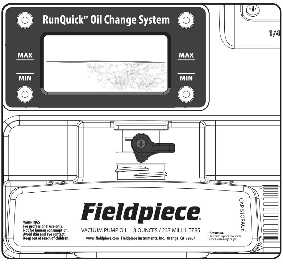 Panel RunQuick Oil Change System: wziernik oleju z kreskami MAX i MIN, zawór spustowy nad butelką oleju, uchwyt nakrętki CAP STORAGE na butelce